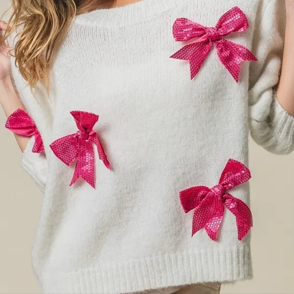 BiBi Wool Sequin Bow Sweater Oversized Half Puff Sleeve Soft Sparkling Statement