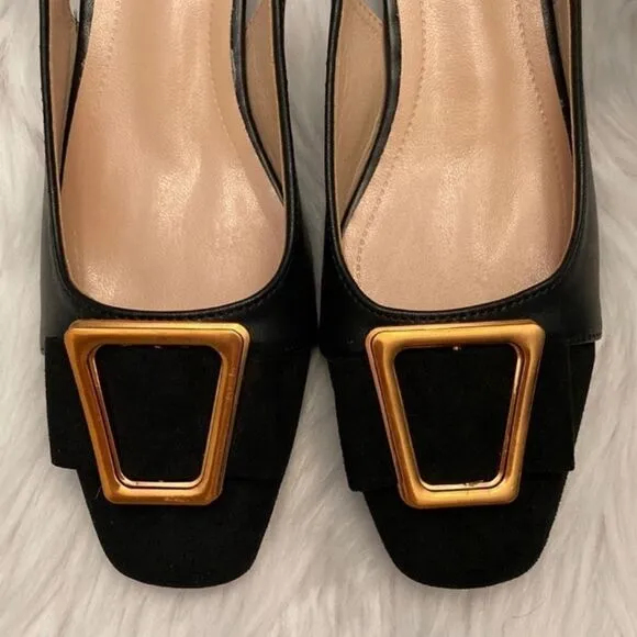 Black and Gold Minimalist Career Block Heels Squared Toe Slingback Shoes