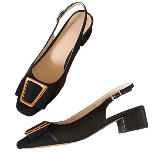 Black and Gold Minimalist Career Block Heels Squared Toe Slingback Shoes