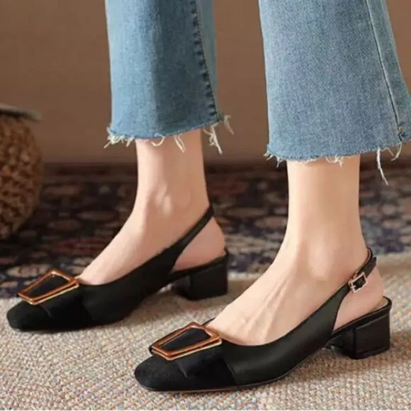 Black and Gold Minimalist Career Block Heels Squared Toe Slingback Shoes