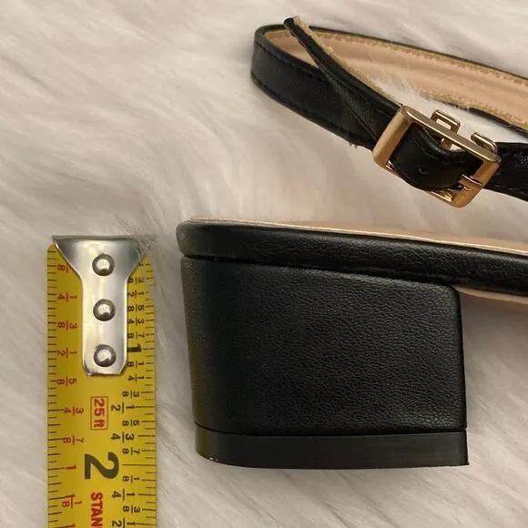 Black and Gold Minimalist Career Block Heels Squared Toe Slingback Shoes