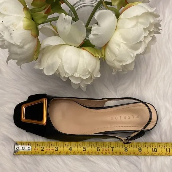 Black and Gold Minimalist Career Block Heels Squared Toe Slingback Shoes