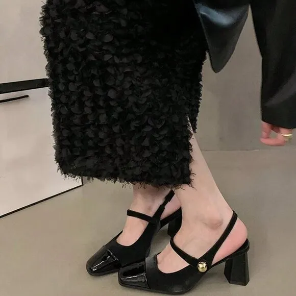 Black Casual Fashionable Women's Elegant Square Toe Studded Mary Jane Shoes