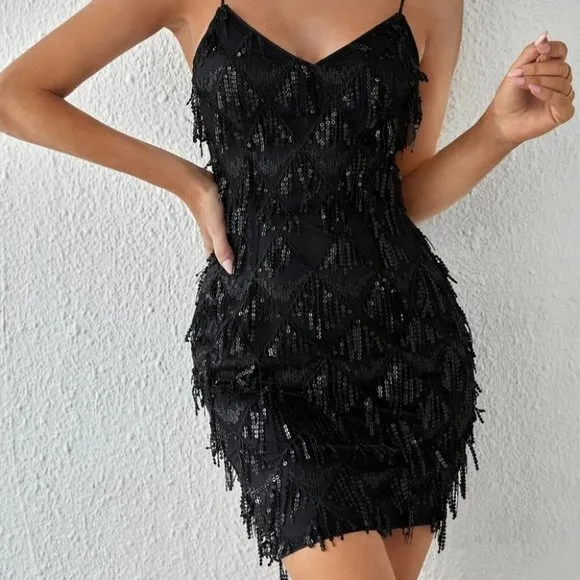 Black Tall Fringe Trim Sequin Cami Mini Dress