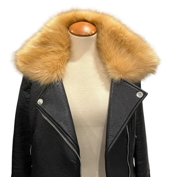 BLANK NYC FAUX LEATHER BLACK MOTO JACKET HEAVY WEIGHT FUR COLLAR WINTER COAT