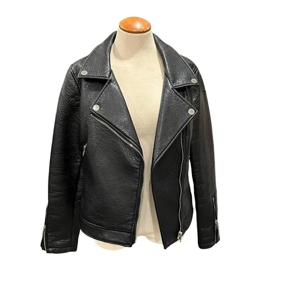 BLANK NYC FAUX LEATHER BLACK MOTO JACKET HEAVY WEIGHT FUR COLLAR WINTER COAT