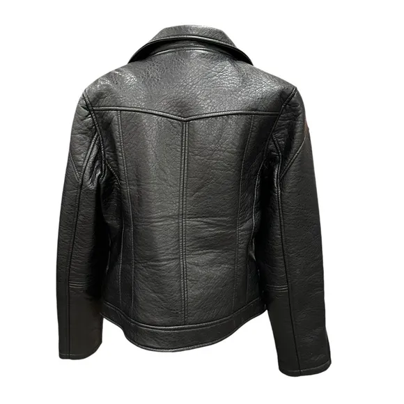 BLANK NYC FAUX LEATHER BLACK MOTO JACKET HEAVY WEIGHT FUR COLLAR WINTER COAT