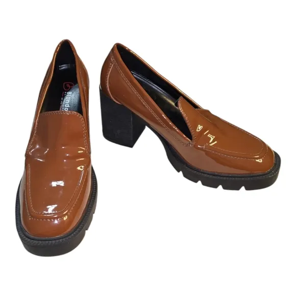 Blondo Brown Patent Leather Josie Waterproof Heeled Chunky Mule Loafers Size 10