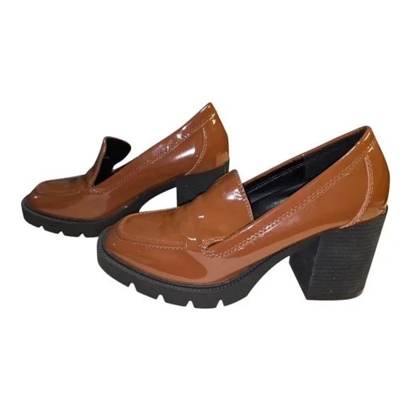 Blondo Brown Patent Leather Josie Waterproof Heeled Chunky Mule Loafers Size 10