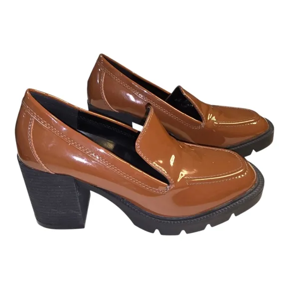 Blondo Brown Patent Leather Josie Waterproof Heeled Chunky Mule Loafers Size 10