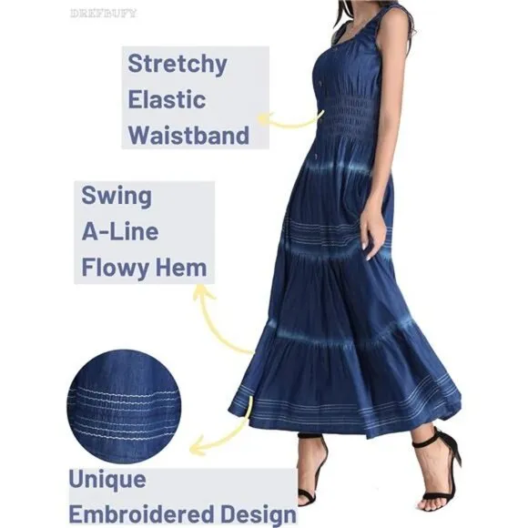 Blue‎ Sleeveless Denim Long Maxi Dress A-line Casual Boho Flowy Sundress