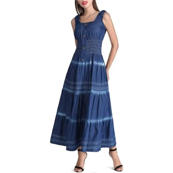 Blue‎ Sleeveless Denim Long Maxi Dress A-line Casual Boho Flowy Sundress