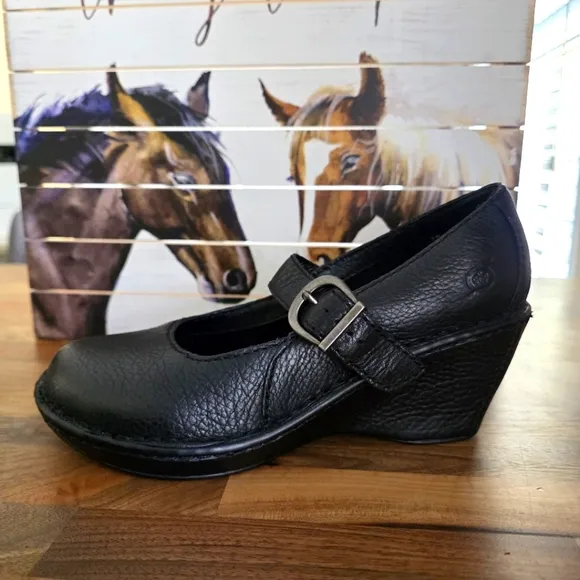 Born Black Leather Wedge Mary Jane Shoes Size Women's 7