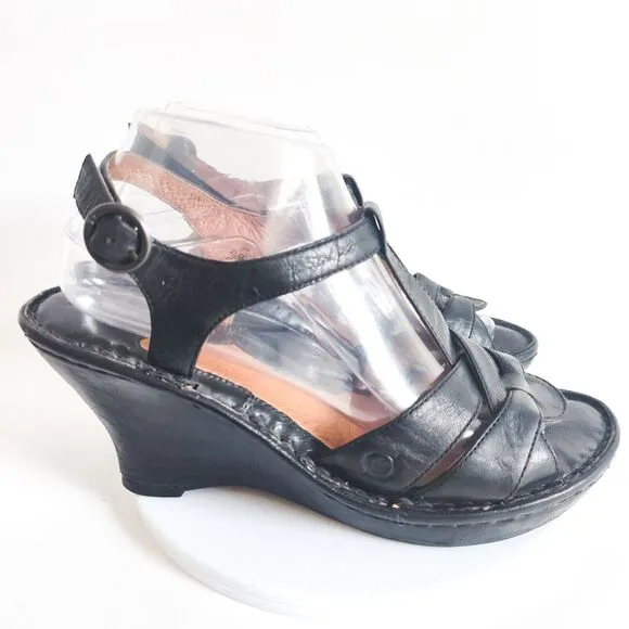 Born T-Strap Platform Sculptural Wedge Sandal Shoes Black Leather Size 9M Travel