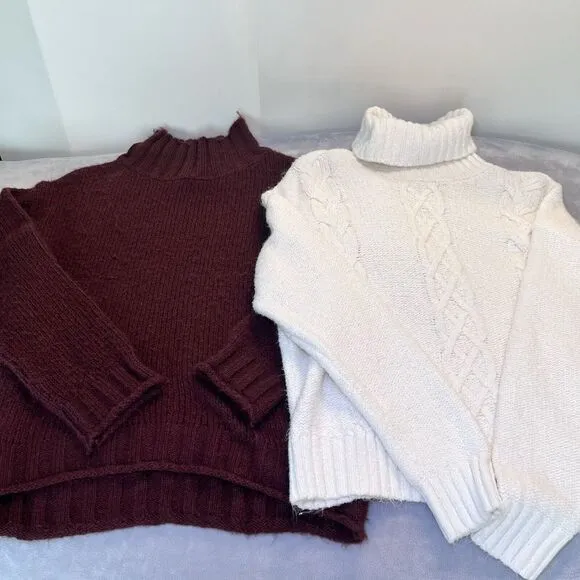 BP Nordstrom Lot 2 Womens Sweaters Long Sleeve Turtleneck X Small Cream Wine Red