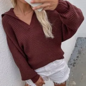 Burgundy V neck Collar Knit Sweater Top Minimalist y2k