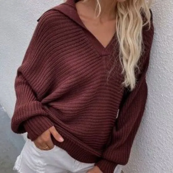 Burgundy V neck Collar Knit Sweater Top Minimalist y2k