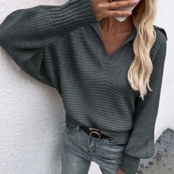 Burgundy V neck Collar Knit Sweater Top Minimalist y2k