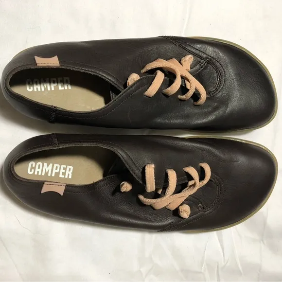 Camper womens 39 (us 8.5) peu brown leather casual slip on lace up shoes comfort