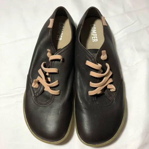 Camper womens 39 (us 8.5) peu brown leather casual slip on lace up shoes comfort