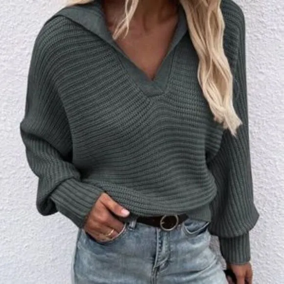 Charcoal Grey V neck Collar Knit Sweater Top Minimalist y2k