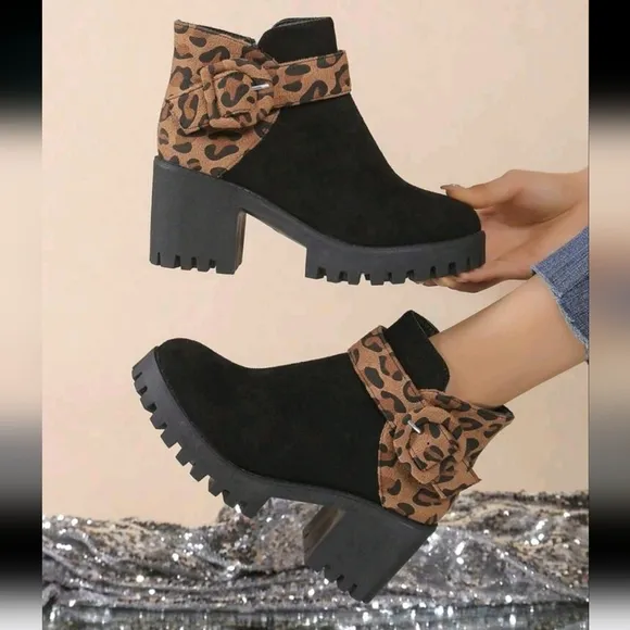 Chunky Heeled Ankle Boots For Women, Leopard Print,Versatile,Platform High Heel