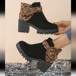 Chunky Heeled Ankle Boots For Women, Leopard Print,Versatile,Platform High Heel
