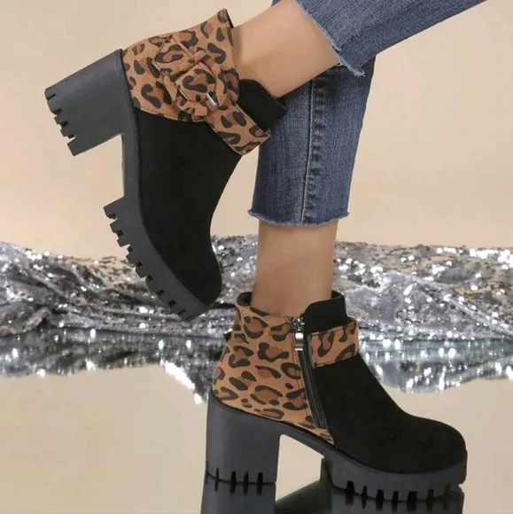 Chunky Heeled Ankle Boots For Women, Leopard Print,Versatile,Platform High Heel
