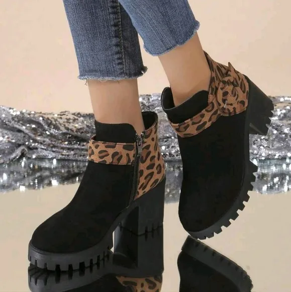 Chunky Heeled Ankle Boots For Women, Leopard Print,Versatile,Platform High Heel