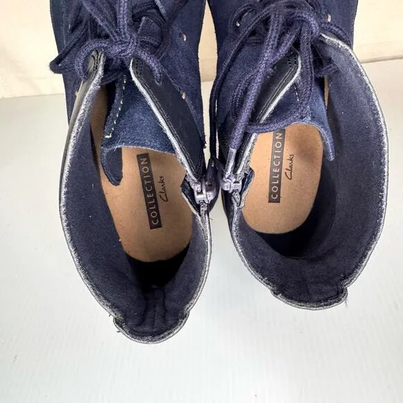 CLARKS Lace Up Boot Women's 9 Tamitha Key Navy Suede Leather Ankle Bootie Casual