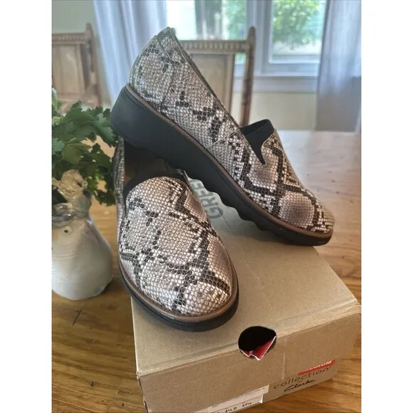 Clarks Sharon Dolly Brown Snake Python Shoes Womens US 7M Loafer Slip On B1076