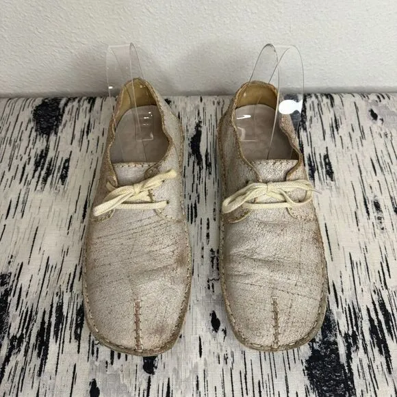 CLARKS Women's 7 Desert‎ Trek White Crackle Leather Ankle Shoes Lace Up
