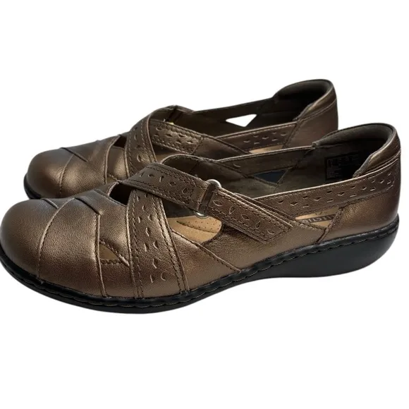 Clarks Womens Leather Ashland Spin Q Casual Shoes Size 7.5 Metallic Gold Brown
