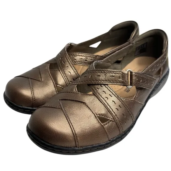Clarks Womens Leather Ashland Spin Q Casual Shoes Size 7.5 Metallic Gold Brown