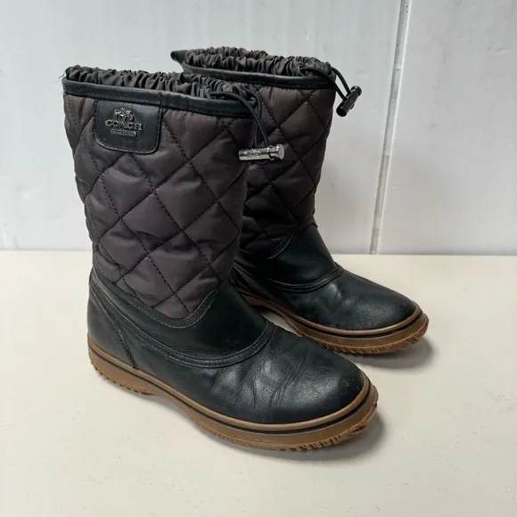 Coach Samara Boots Women 6B Black Leather Quilted Nylon Toggle Rain Snow black