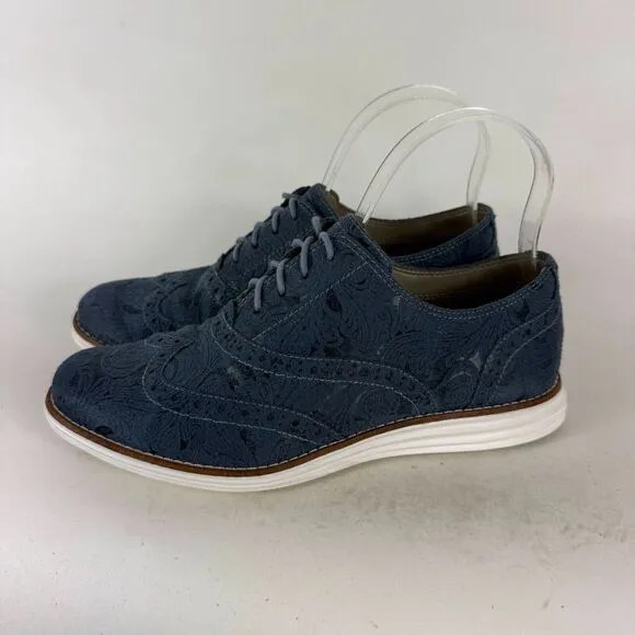 Cole Haan Stitchlite Wingtip Oxford Shoes Women's 7 Blue Embossed Floral Design