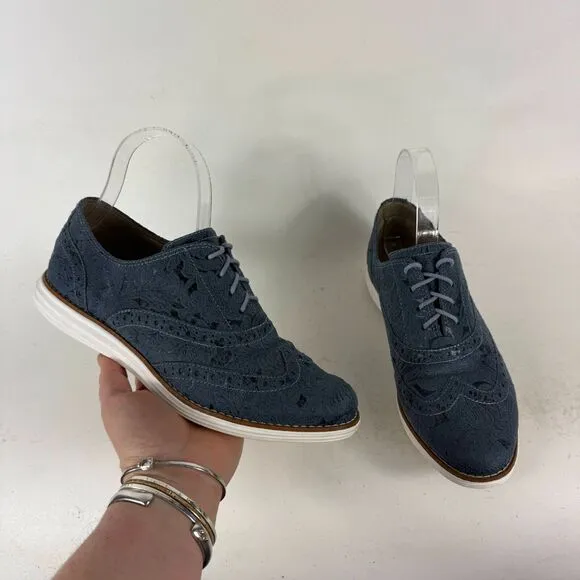 Cole Haan Stitchlite Wingtip Oxford Shoes Women's 7 Blue Embossed Floral Design