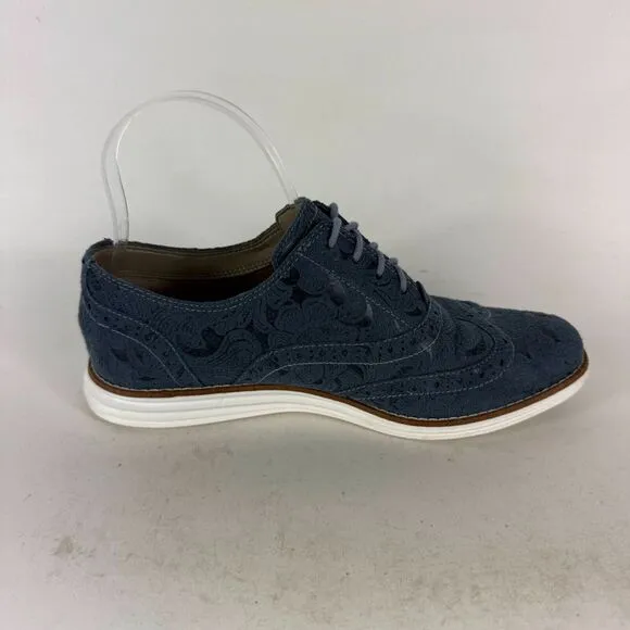 Cole Haan Stitchlite Wingtip Oxford Shoes Women's 7 Blue Embossed Floral Design