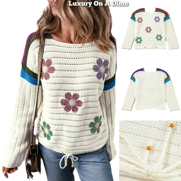 Colorful Crochet Daisy Retro Flower Long Sleeve Top Drawstring Hem Knit Sweater