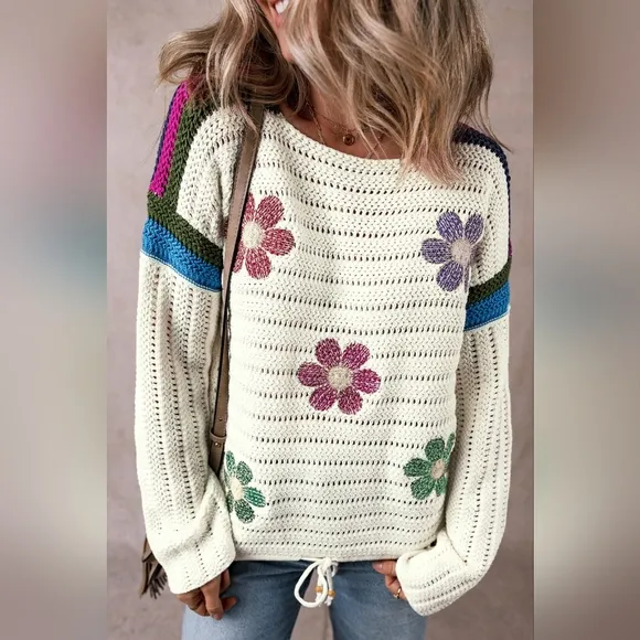 Colorful Crochet Daisy Retro Flower Long Sleeve Top Drawstring Hem Knit Sweater