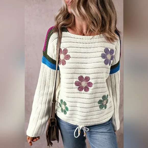 Colorful Crochet Daisy Retro Flower Long Sleeve Top Drawstring Hem Knit Sweater