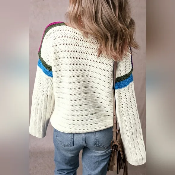 Colorful Crochet Daisy Retro Flower Long Sleeve Top Drawstring Hem Knit Sweater