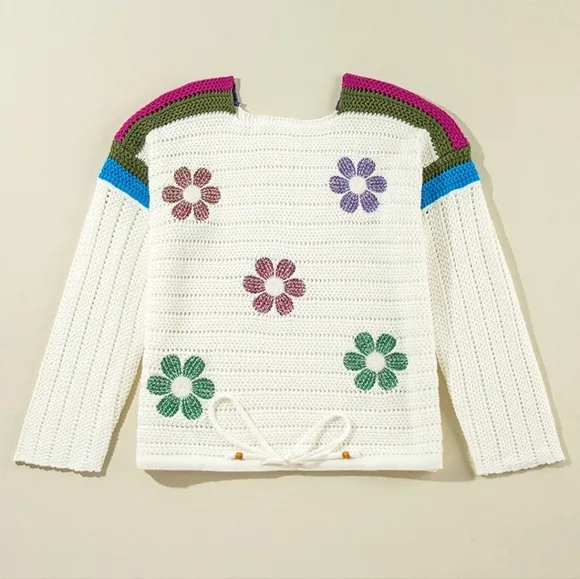 Colorful Crochet Daisy Retro Flower Long Sleeve Top Drawstring Hem Knit Sweater