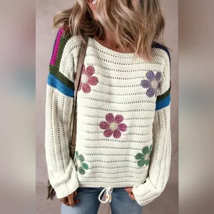 Colorful Crochet Daisy Retro Flower Long Sleeve Top Drawstring Hem Knit Sweater