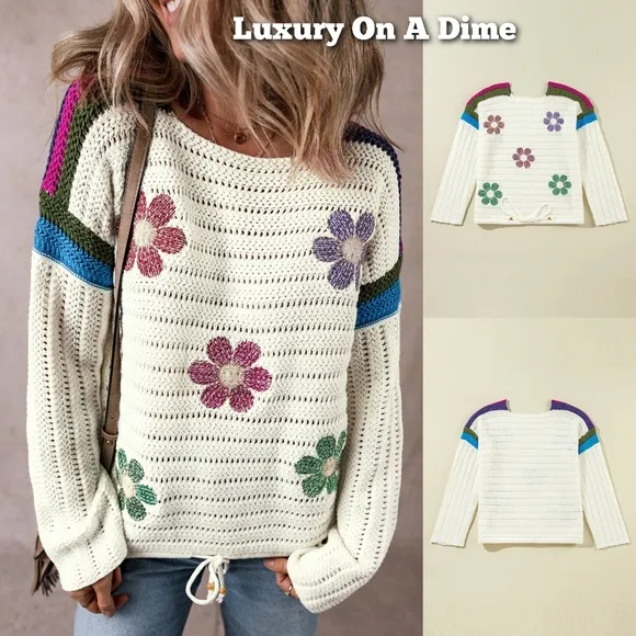 Colorful Crochet Daisy Retro Flower Long Sleeve Top Drawstring Hem Knit Sweater