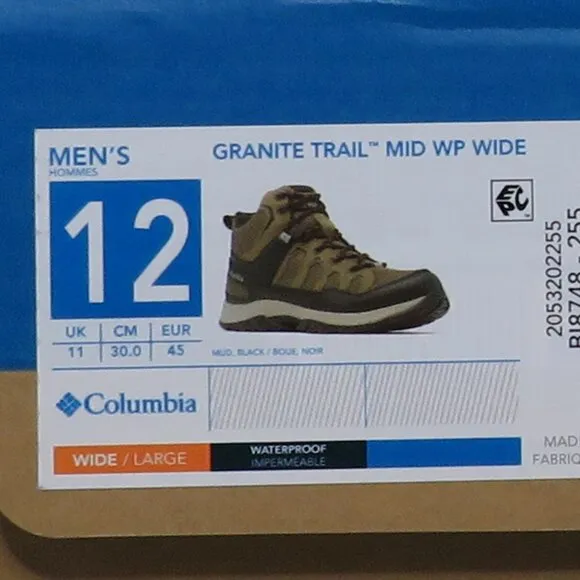 Columbia* Men's Granite Trail Mid Waterproof Mud-Black Color Shoe~ Size 12‎ WIDE