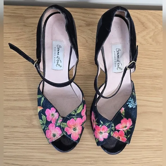Comme il Faut Women’s Black Flower Velvet Argentine Tango Dance Heels Size 11
