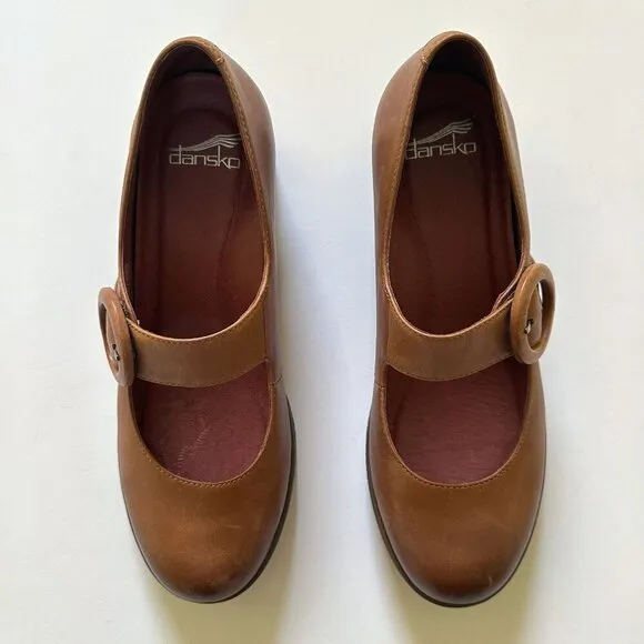 Dansko Brandy Mary Jane Cognac Brown Leather Comfort Shoes Block Heel Women 9/39