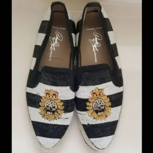Donald J. Pliner Italian loafers size 6.5 striped black white royalty glam beade