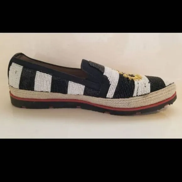 Donald J. Pliner Italian loafers size 6.5 striped black white royalty glam beade